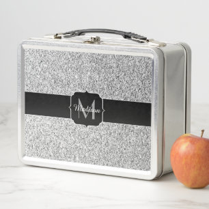 Glitzern Monogram für silbergraue helle Glitzer Metall Lunch Box