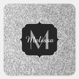 Glitzern Monogram für silbergraue helle Glitzer Quadratischer Aufkleber