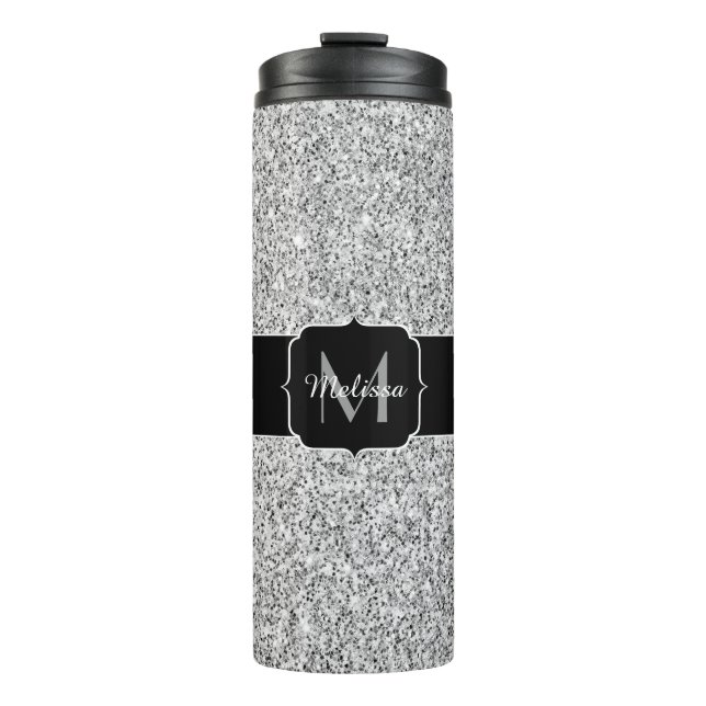 Glitzern Monogram für silbergraue helle Glitzer Thermosbecher (Vorderseite)