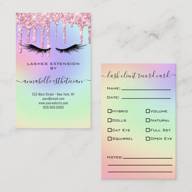 Glitzern Pink Eyelash Extension Client Record Visitenkarte (Vorne/Hinten)