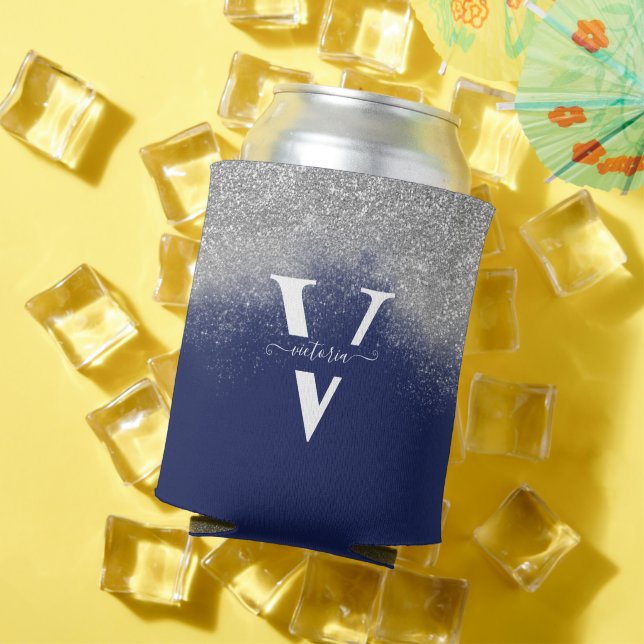 Glitzern Silver Glitzer Monogram Blau Personalisie Dosenkühler (In Situ Sommer)