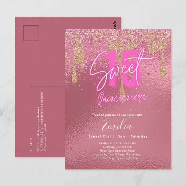Glitzern Sweet16 Hübsch Girly Pink 16. Geburtstag Postkarte (Vorne/Hinten)