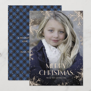 Glitzernde blaue Büffel-Karo-Weihnachtskarten mit Feiertagskarte