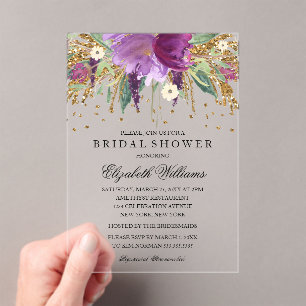Glitzernde Florale Amethyst-Brautparty Acryleinladungen