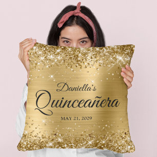 Glitzernde Gold Glam Quinceanera Foto Kissen