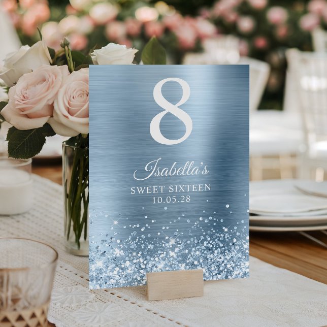 Glitzernde Hellblaue Sweet Sixteen Tischnummer (Glittery Light Blue Sweet Sixteen Table Number)