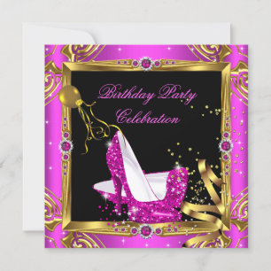 Glitzernde Hot Pink High Heels Gold Schwarz Party Einladung