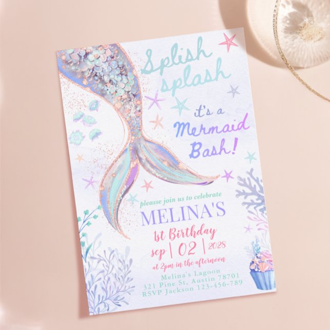 Glitzernde Meerjungfrau-Bash-Geburtstagsfeier Einladung (Splish Splash Mermaid Bash Birthday Girl Glitter Invitation)