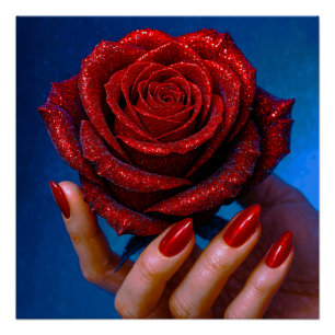 Glitzernde Rote Rose mit Passenden Nägeln Poster