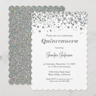 Glitzernde silberne Konfetti Quinceanera-Einladung Einladung