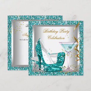 Glitzernde Türkisblaue High Heels Goldener Martini Einladung