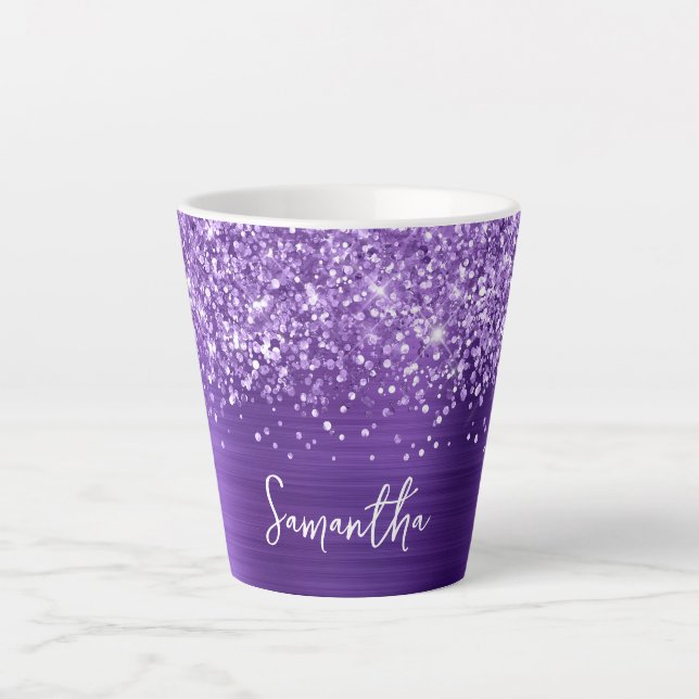 Glitzernder Amethyst Purpur Glam Schrift Name Milchtasse (Vorderseite)