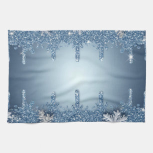 Glitzernder blauer Schneeflockenrahmen mit Eiszapf Geschirrtuch
