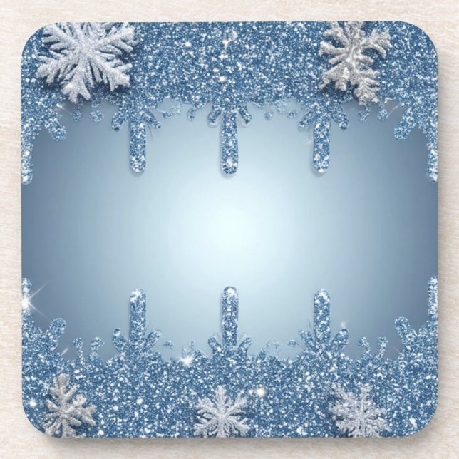 Glitzernder blauer Schneeflockenrahmen mit Eiszapf Getränkeuntersetzer (Vorderseite)
