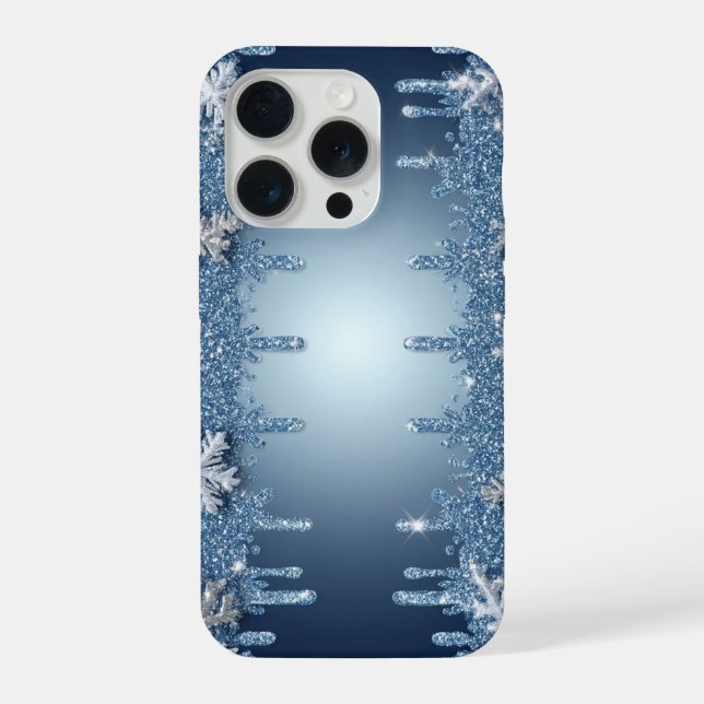 Glitzernder blauer Schneeflockenrahmen mit Eiszapf iPhone Hülle (Rückseite)