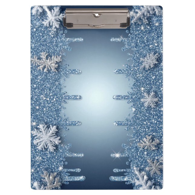 Glitzernder blauer Schneeflockenrahmen mit Eiszapf Klemmbrett (Vorderseite)