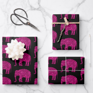 Glitzernder heißrosa Elefant Glitzer Muster schwar Geschenkpapier Set