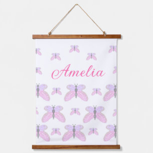 Glitzernder lila rosa Schmetterling Name Text Buch Wandteppich Mit Holzrahmen
