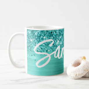 Glitzernder Türkis Glamour-Pinsel Schriftname Kaffeetasse