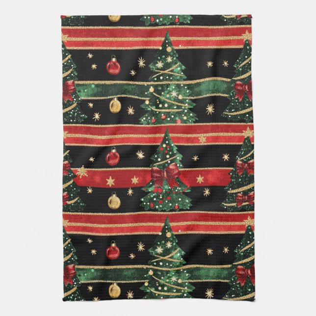Glitzernder Weihnachtsbaum - Rot Schwarz Grün Gest Geschirrtuch (Vertikal)