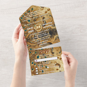 Glitzerndes Gold tropfendes elegantes Pfauenmotiv All In One Einladung