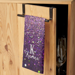 Glitzerndes lila silbernes Namensmonogramm Geschirrtuch