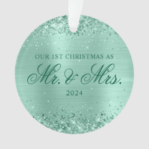 Glitzriger Hell-Teal-Folie Unser Erstes Weihnachts Ornament