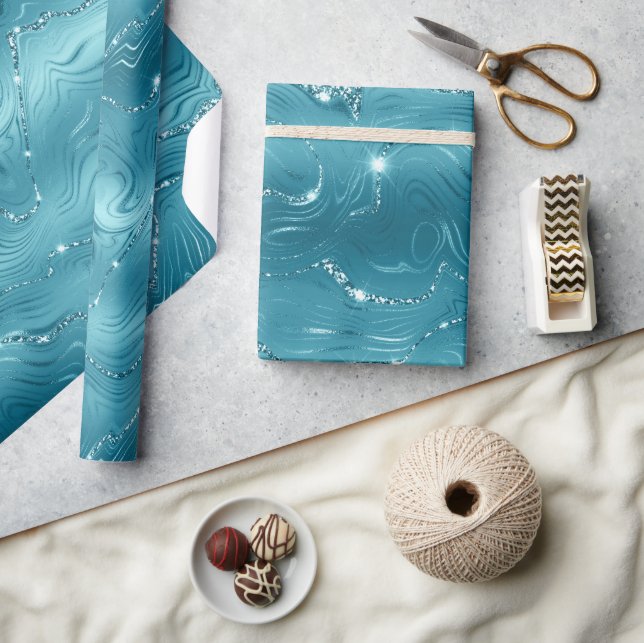 Glitzy Aqua Blue Turquoise Glitzer Geburtstag Geschenkpapier (Kunsthandwerk)