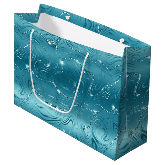 Glitzy Aqua Blue Turquoise Glitzer Geburtstag Große Geschenktüte (Vorderseite Schrägansicht)