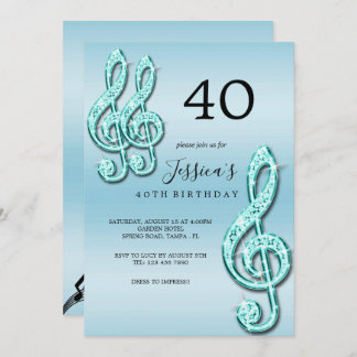 Glitzy Aquamarin Musiknotens Geburtstag Einladung