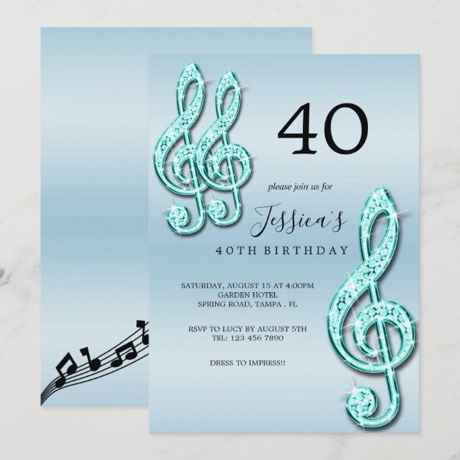 Glitzy Aquamarin Musiknotens Geburtstag Einladung (Vorne/Hinten)