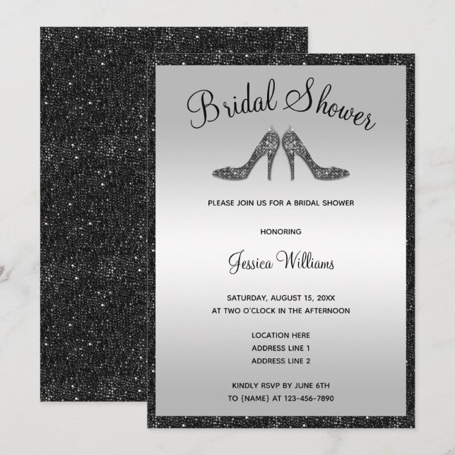 Glitzy Black Sequins & Stilettos Brautparty Einladung (Vorne/Hinten)