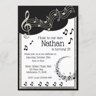 Glitzy Black & White Musical Notes zum Geburtstag Einladung