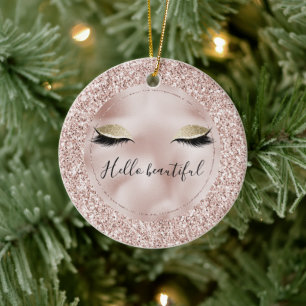 Glitzy Blush Pink Glitzer Gold Eyelashes Keramik Ornament