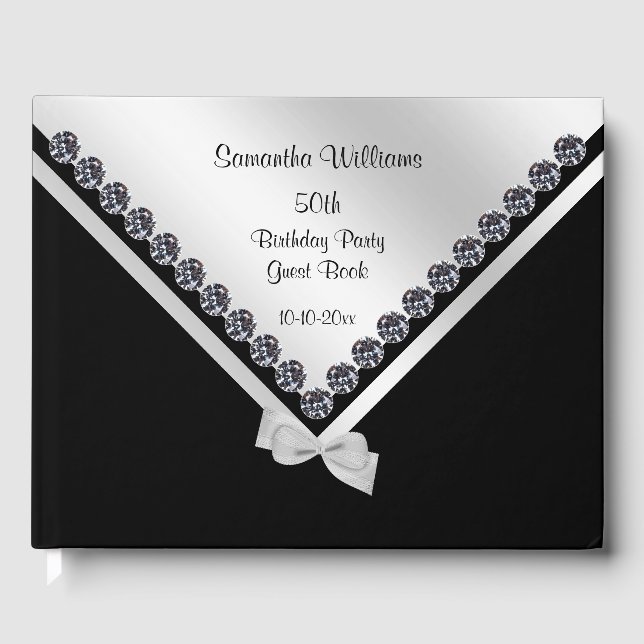 Glitzy Diamonds & Silver Bow 50. Geburtstag Gästebuch (Vorderseite)