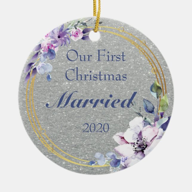 Glitzy First Christmas Verheiratet Keramik Ornament (Vorne)