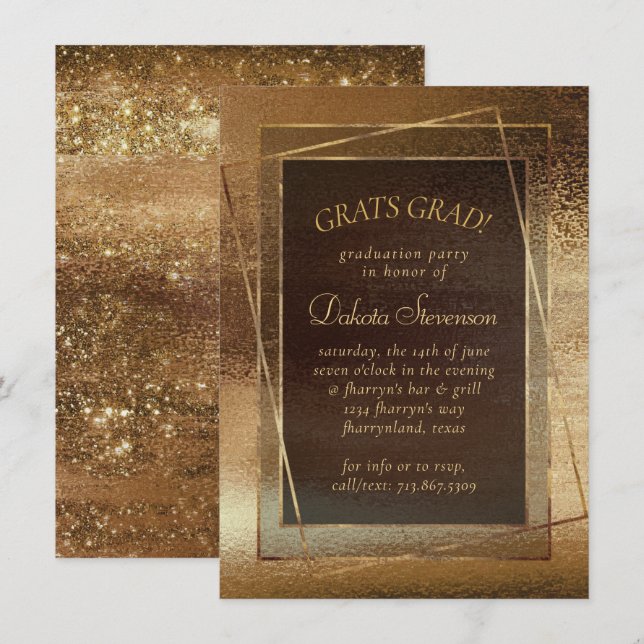 Glitzy Foil | Golden Bronze Copper Glam Graduation Einladung (Vorne/Hinten)