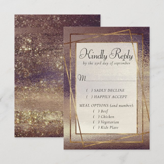 Glitzy Foil | Golden Bronze Copper Sparkle Entree RSVP Karte (Vorne/Hinten)