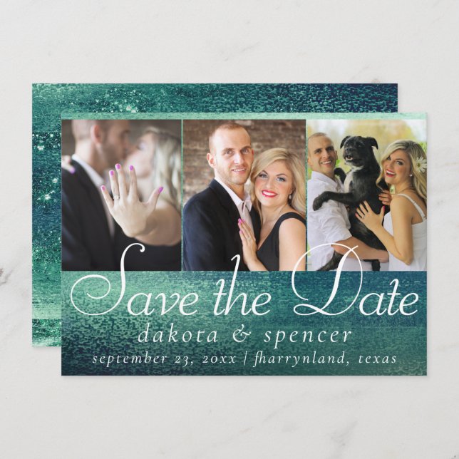 Glitzy Foil | Green Aqua Sparkone 3 Foto Save The Date (Vorne/Hinten)