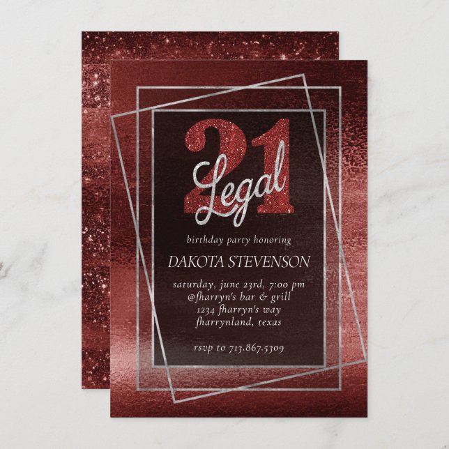 Glitzy Foil | Henna Crimson Red Glam 21 und Legal Einladung (Vorne/Hinten)