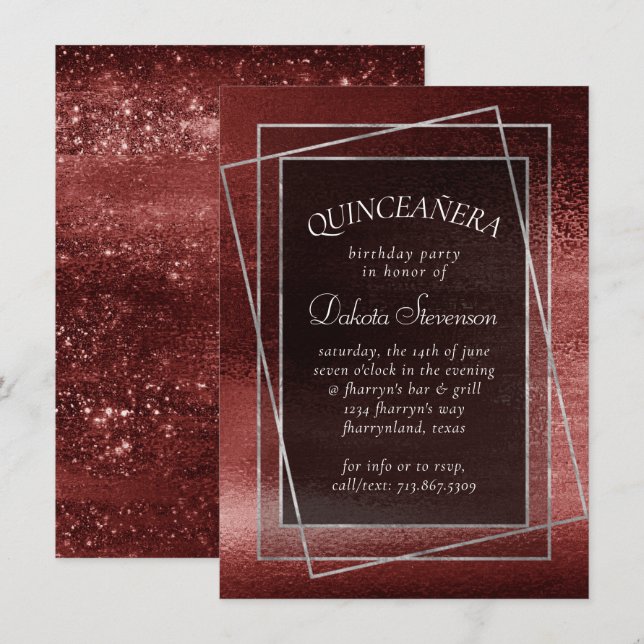 Glitzy Foil | Henna Crimson Red Glitter Birthday Einladung (Vorne/Hinten)