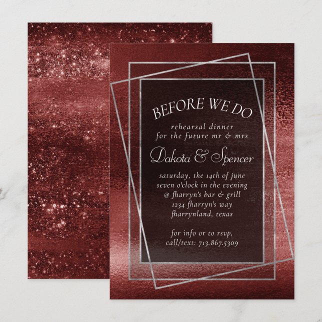 Glitzy Foil | Henna Crimson Red Rehearsal Dinner Einladung (Vorne/Hinten)