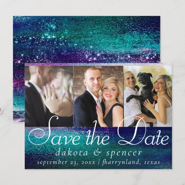 Glitzy Foil | Holographic Iridescent Ombre 3 Foto Save The Date (Vorne/Hinten)