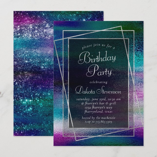 Glitzy Foil | Holographic Metallic Birthday Party Einladung (Vorne/Hinten)