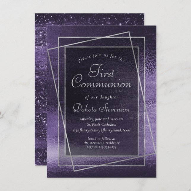 Glitzy Foil | Indigo Midnight Purple 1st Communion Einladung (Vorne/Hinten)
