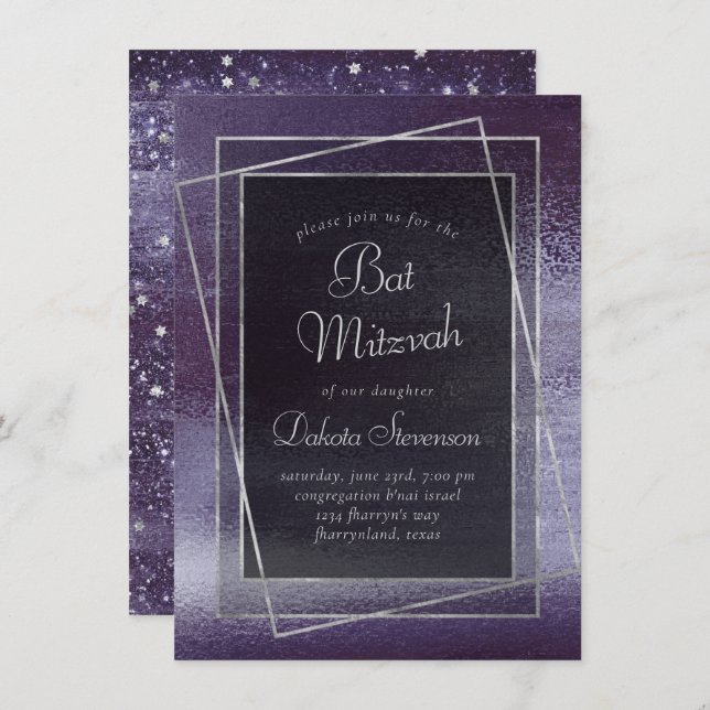 Glitzy Foil | Indigo Midnight Purple Bat Mitzvah Einladung (Vorne/Hinten)
