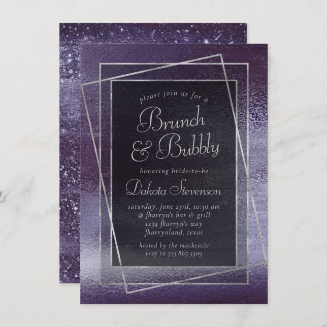 Glitzy Foil | Indigo Midnight Purple Bubbly Brunch Einladung (Vorne/Hinten)