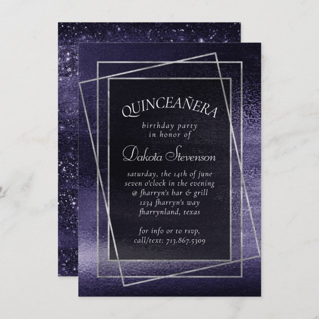 Glitzy Foil | Indigo Midnight Purple Quinceanera Einladung (Vorne/Hinten)