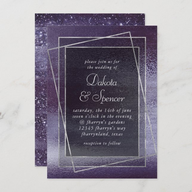Glitzy Foil | Indigo Purple Sparkle Glam Wedding Einladung (Vorne/Hinten)