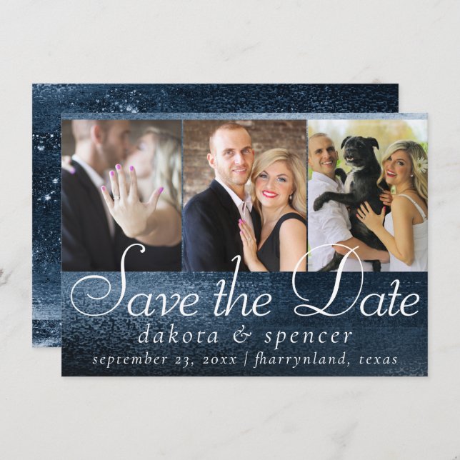 Glitzy Foil | Navy Blue Dark Imitats Glitzer 3 Fot Save The Date (Vorne/Hinten)